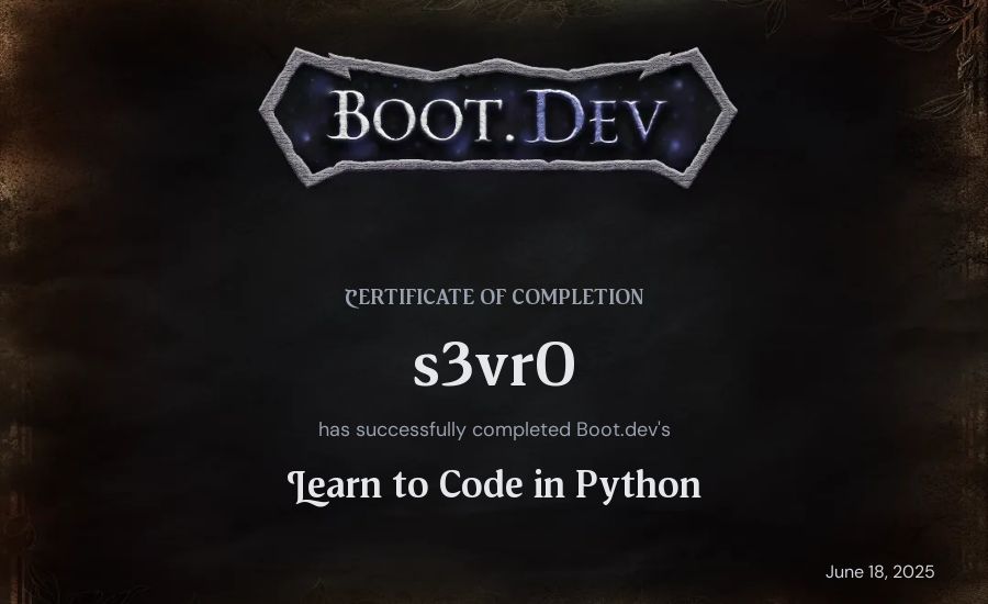 s3vr0's Boot.dev Introduction to Python Course certificate