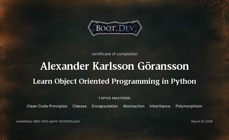 Alexander Karlsson Göransson's Boot.dev Learn Object Oriented Programming in Python certificate
