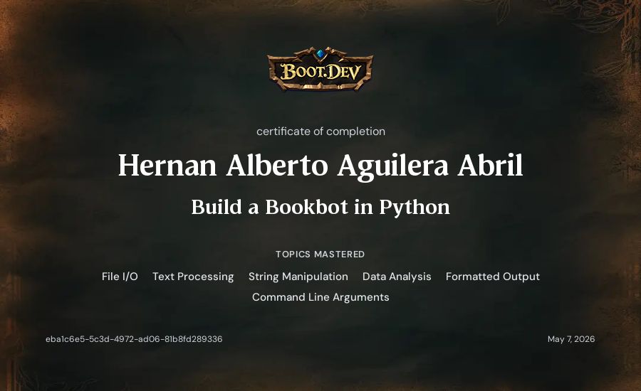 Hernan Alberto Aguilera Abril's Boot.dev Build a BookBot in Python certificate