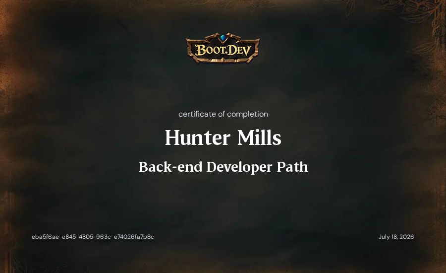 Hunter Mills's Boot.dev Backend Developer Learning Path (TypeScript) certificate