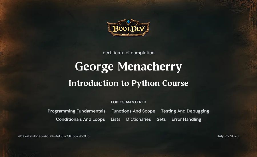 George Menacherry's Boot.dev Introduction to Python Course certificate