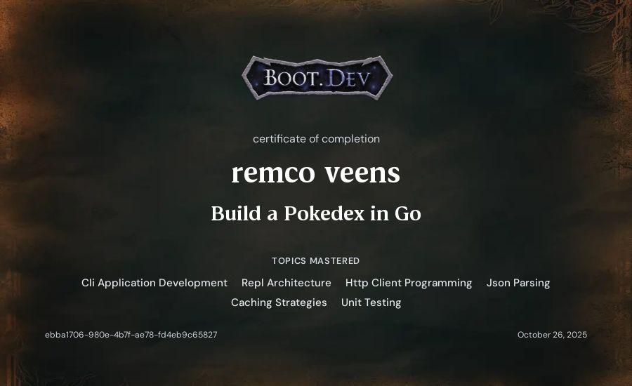 remco veens's Boot.dev Build a Pokedex in Go certificate