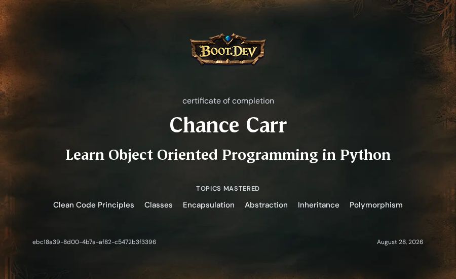 Chance Carr's Boot.dev Learn Object Oriented Programming in Python certificate