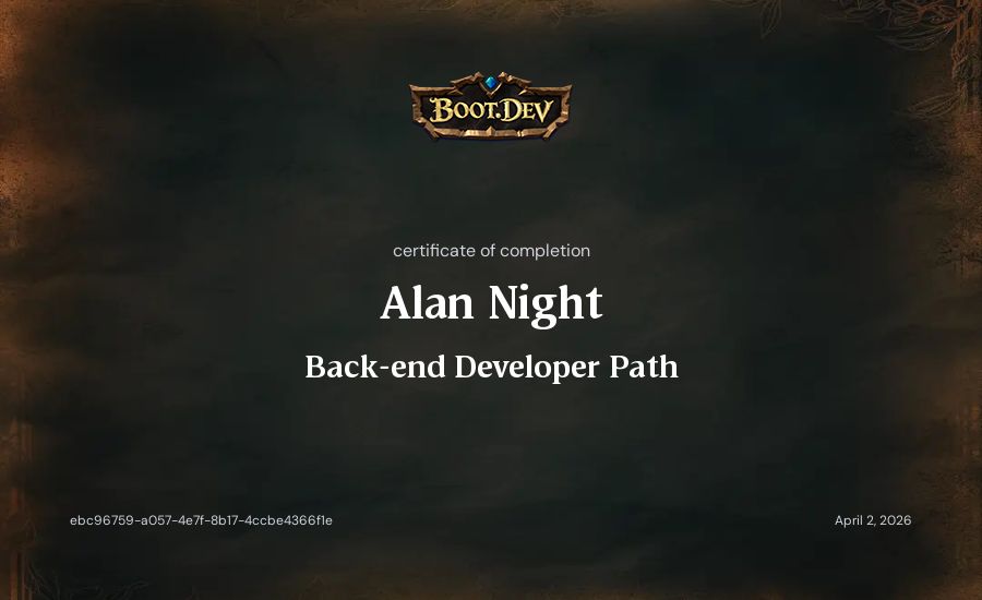 Alan Night's Boot.dev Back-end Developer Path certificate