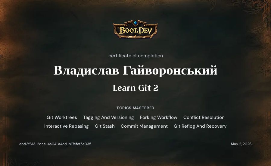 Владислав Гайворонський's Boot.dev Learn Git 2 certificate
