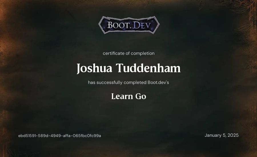 Joshua Tuddenham's Boot.dev Learn Go certificate