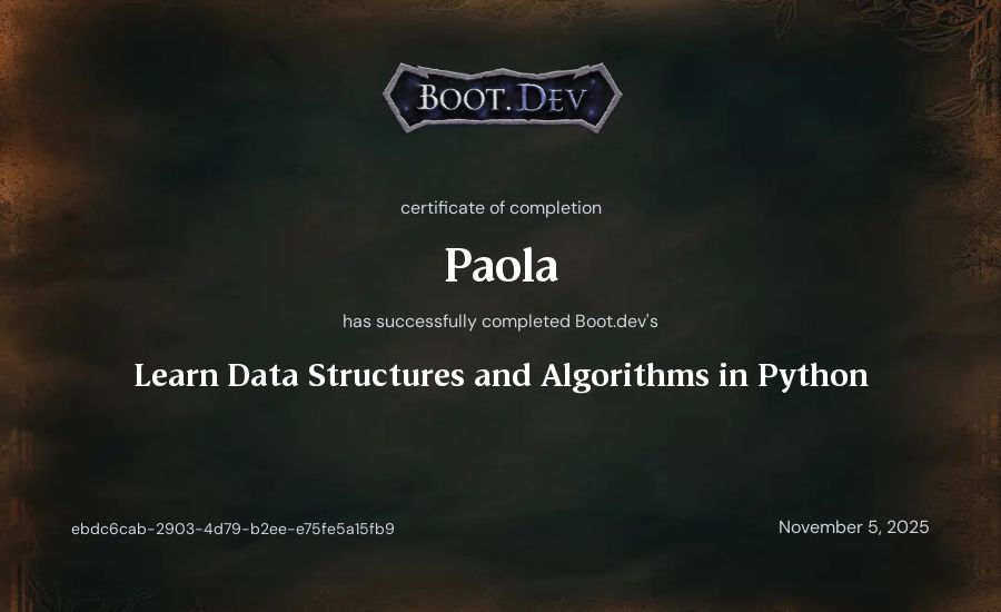Paola's Boot.dev Learn Data Structures and Algorithms in Python certificate