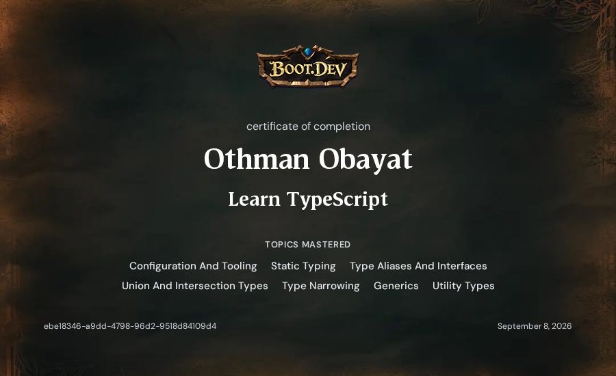 Othman Obayat's Boot.dev Learn TypeScript certificate