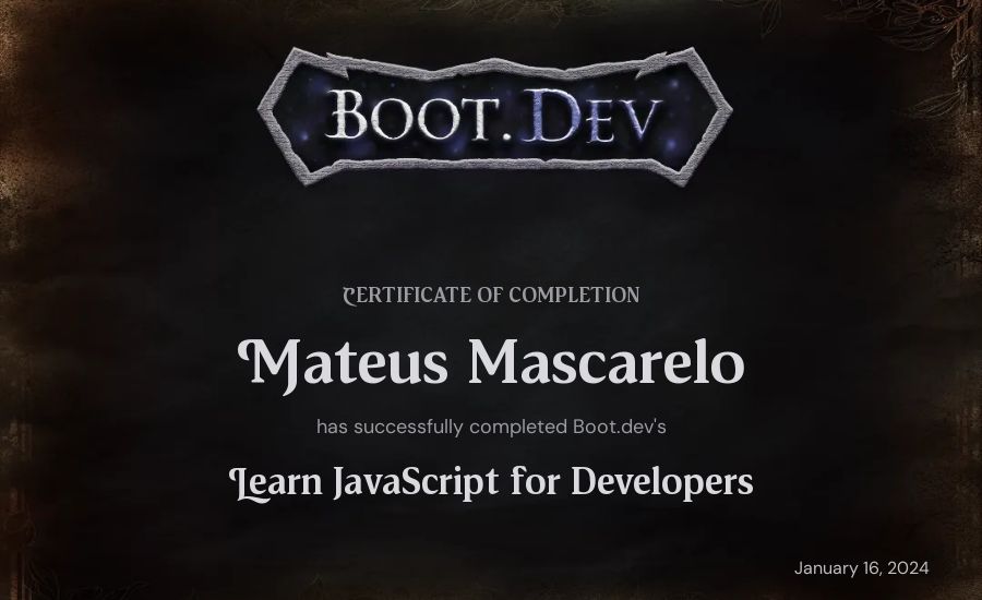 Mateus Mascarelo's Boot.dev Learn JavaScript certificate