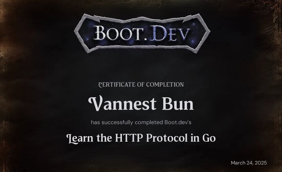 Vannest Bun's Boot.dev Learn the HTTP Protocol in Go certificate