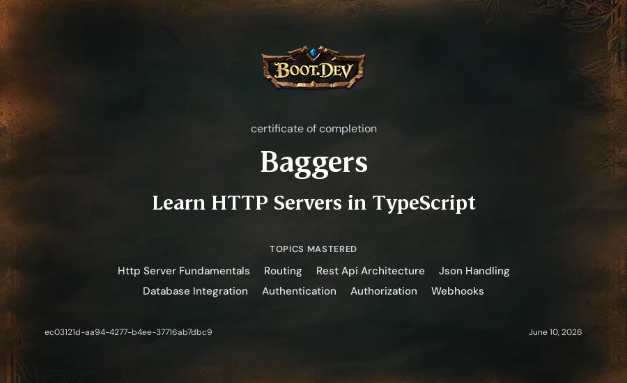 Baggers's Boot.dev Learn HTTP Servers in TypeScript certificate