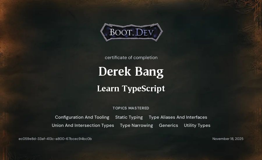 Derek Bang's Boot.dev Learn TypeScript certificate