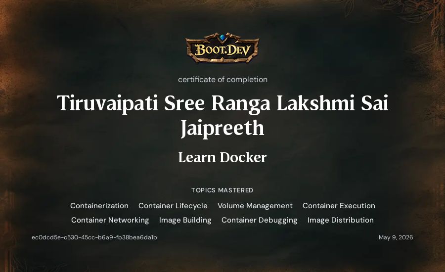 Tiruvaipati Sree Ranga Lakshmi Sai Jaipreeth's Boot.dev Learn Docker certificate