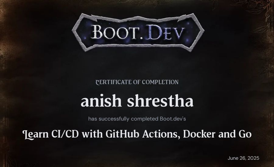 anish shrestha's Boot.dev Learn CI/CD with GitHub Actions, Docker and Go certificate