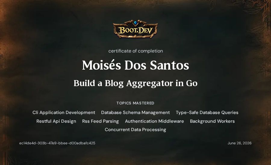 Moisés Dos Santos's Boot.dev Build a Blog Aggregator in Go certificate