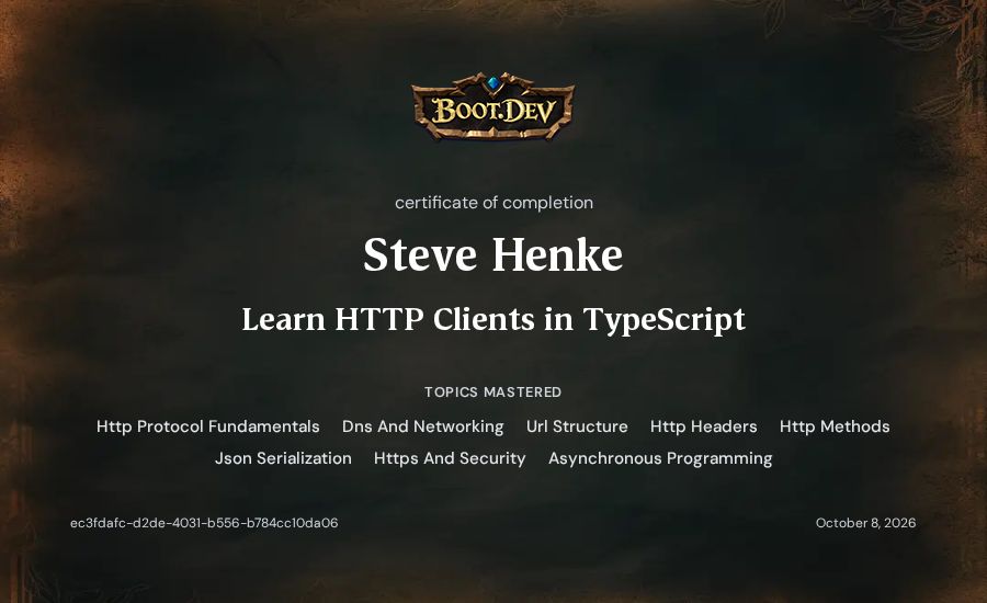 Steve Henke's Boot.dev Learn HTTP Clients in TypeScript certificate