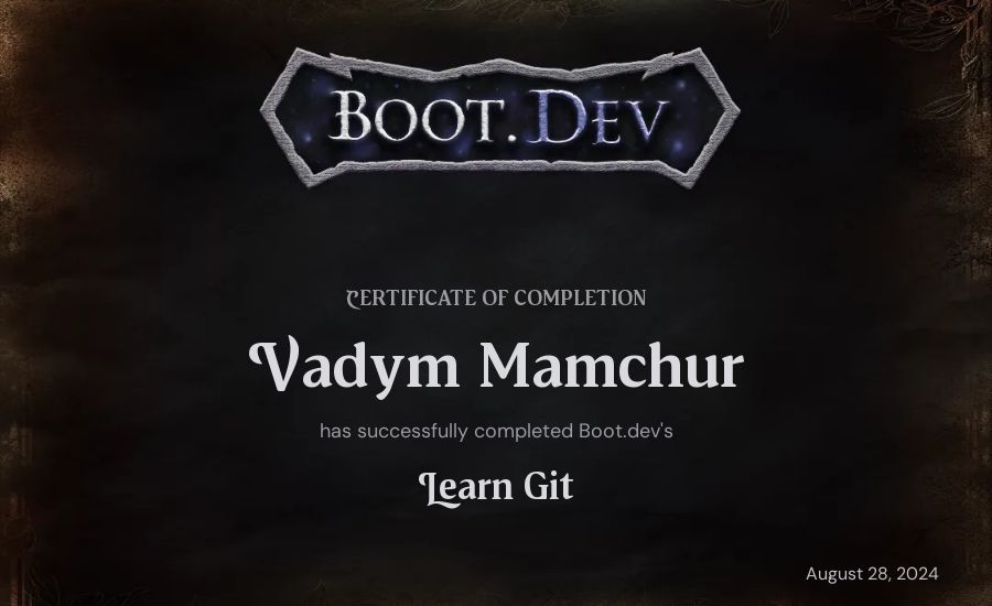 Vadym Mamchur's Boot.dev Learn Git certificate