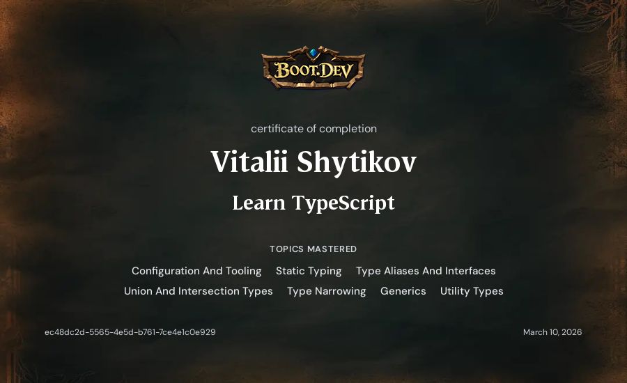 Vitalii Shytikov's Boot.dev Learn TypeScript certificate