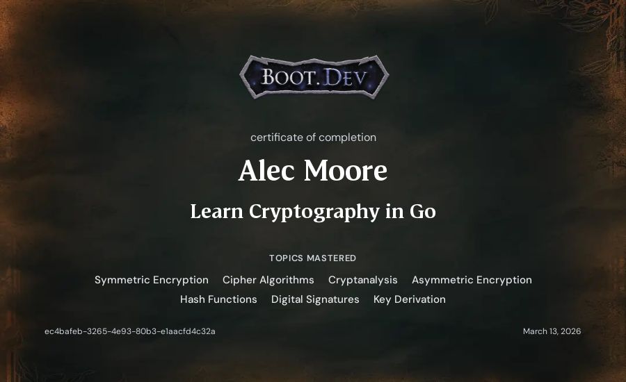 Alec Moore's Boot.dev Learn Cryptography in Go certificate