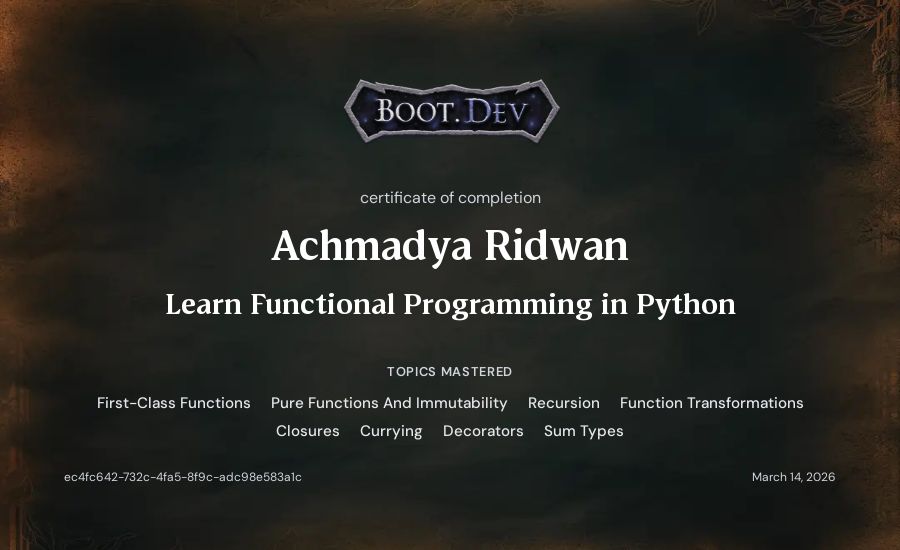 Achmadya Ridwan's Boot.dev Learn Functional Programming in Python certificate