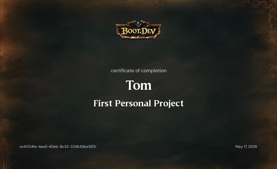 Tom's Boot.dev First Personal Project certificate