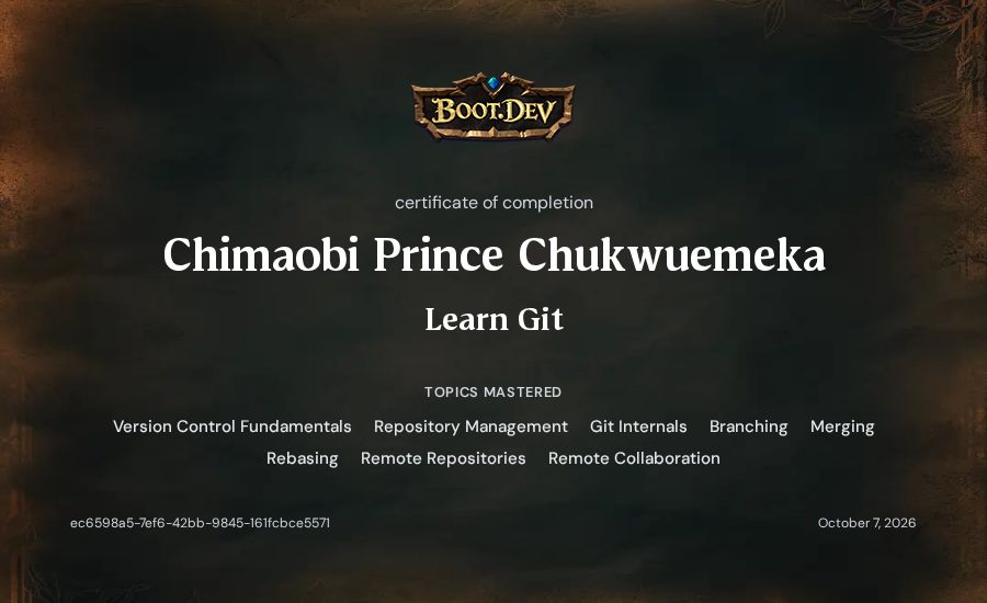 Chimaobi Prince Chukwuemeka's Boot.dev Learn Git certificate