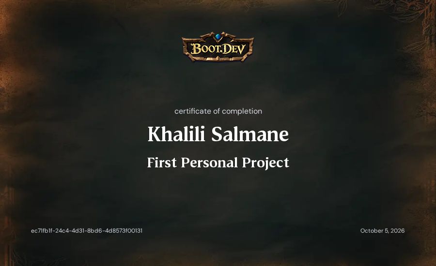 Khalili Salmane's Boot.dev First Personal Project certificate