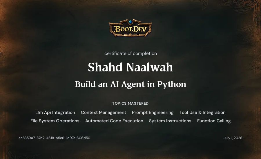 Shahd Naalwah's Boot.dev Build an AI Agent in Python certificate