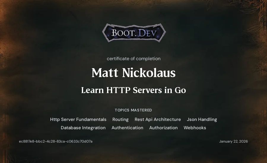Matt Nickolaus's Boot.dev Learn HTTP Servers in Go certificate