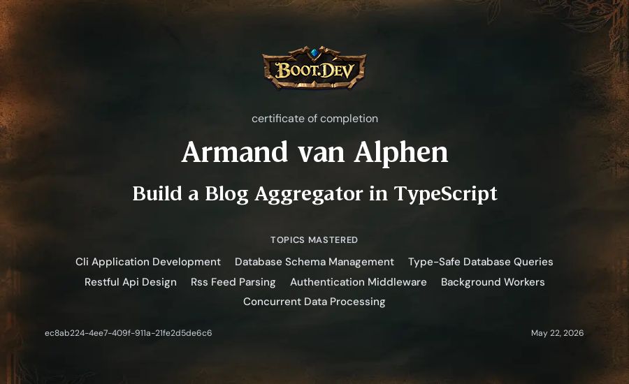 Armand van Alphen's Boot.dev Build a Blog Aggregator in TypeScript certificate