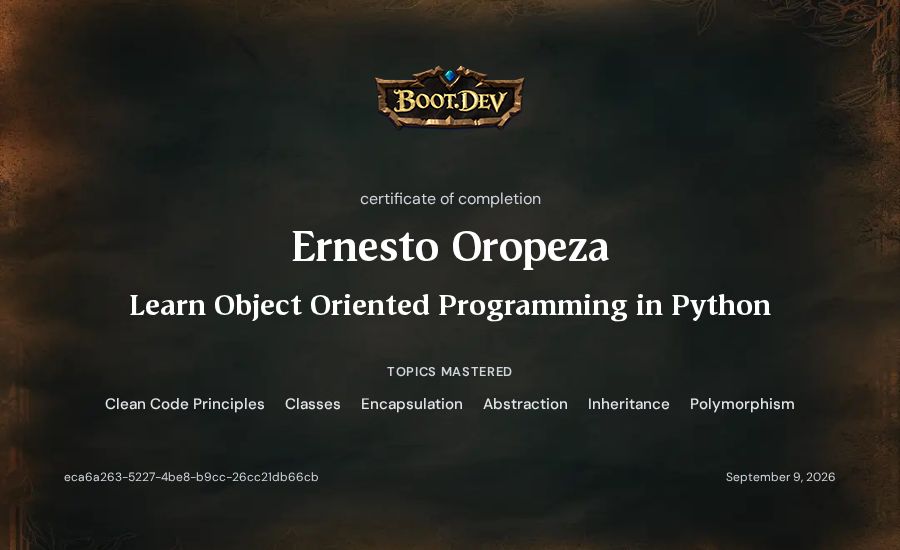 Ernesto Oropeza's Boot.dev Learn Object Oriented Programming in Python certificate