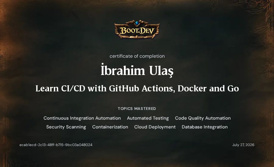 İbrahim Ulaş's Boot.dev Learn CI/CD with GitHub Actions, Docker and Go certificate