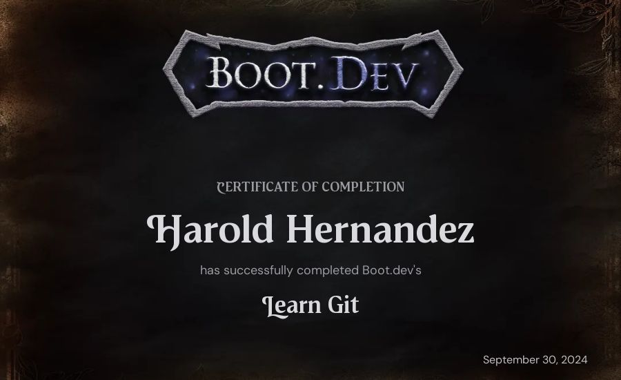 Harold Hernandez's Boot.dev Learn Git certificate