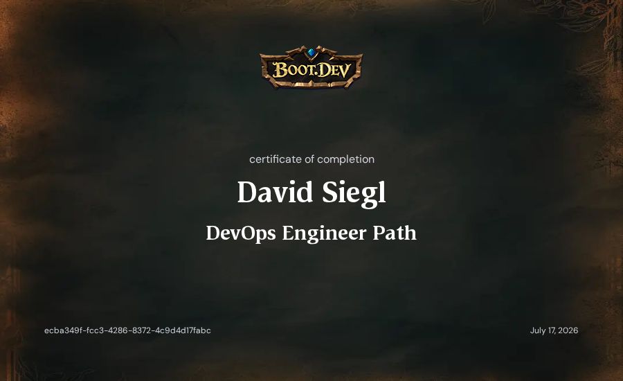 David Siegl's Boot.dev DevOps Engineer Path certificate
