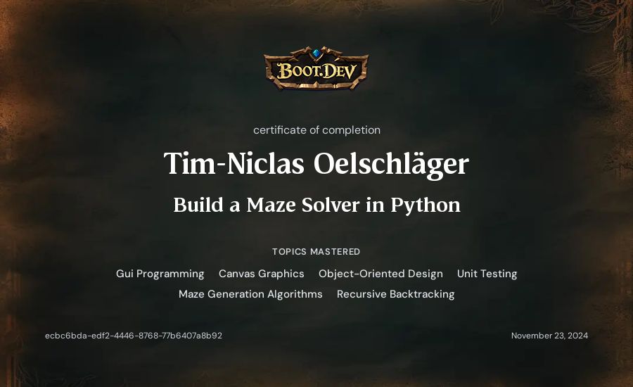 Tim-Niclas Oelschläger's Boot.dev Build a Maze Solver in Python certificate
