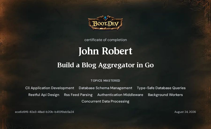 John Robert's Boot.dev Build a Blog Aggregator in Go certificate