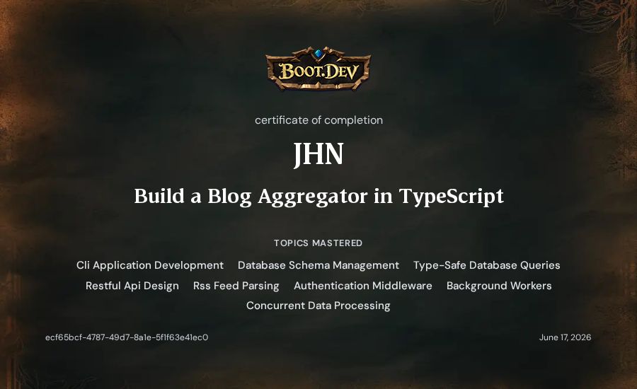 JHN's Boot.dev Build a Blog Aggregator in TypeScript certificate