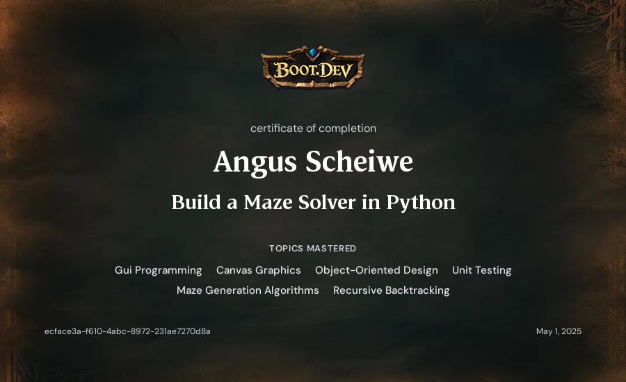 Angus Scheiwe's Boot.dev Build a Maze Solver in Python certificate