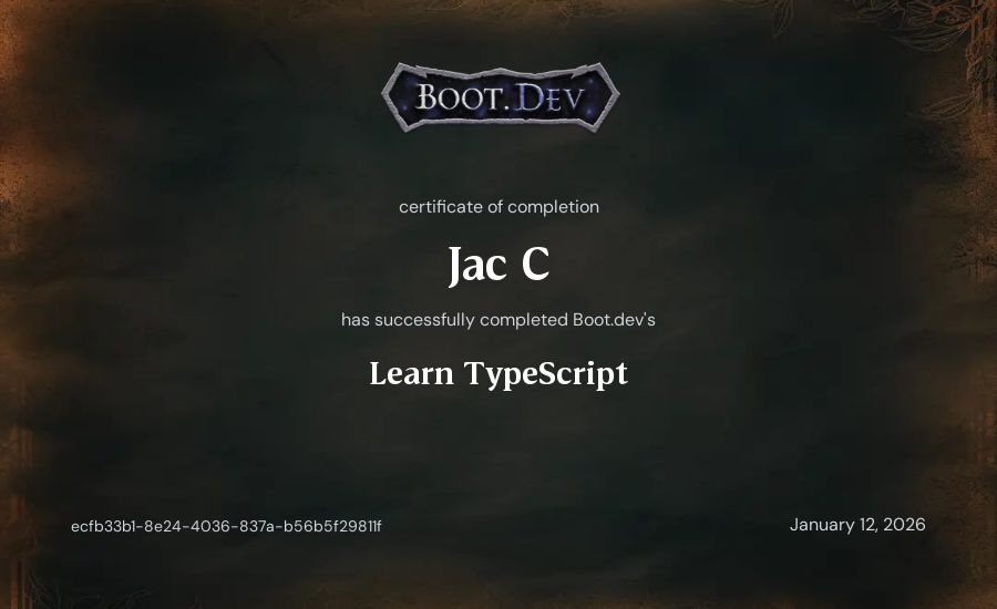 Jac C's Boot.dev Learn TypeScript certificate