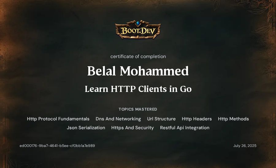 Belal Mohammed's Boot.dev Learn HTTP Clients in Go certificate