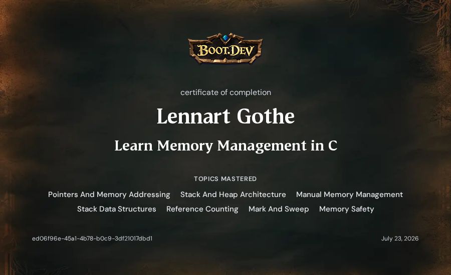 Lennart Gothe's Boot.dev Learn Memory Management in C certificate