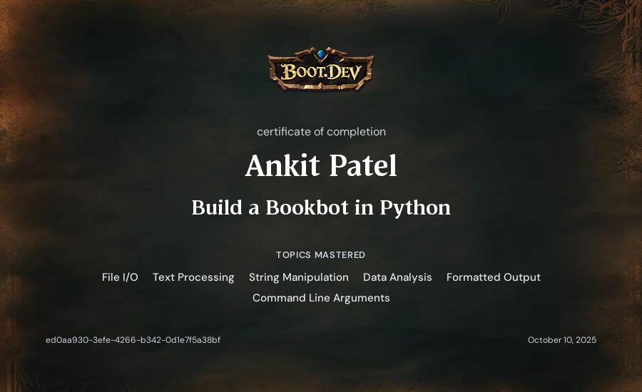 Ankit Patel's Boot.dev Build a BookBot in Python certificate