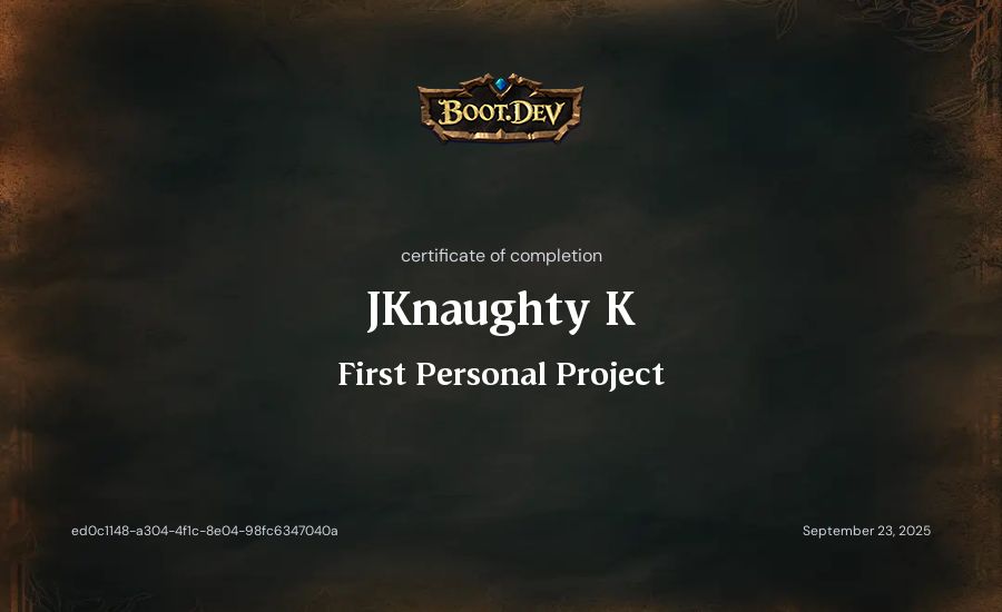 JKnaughty K's Boot.dev First Personal Project certificate