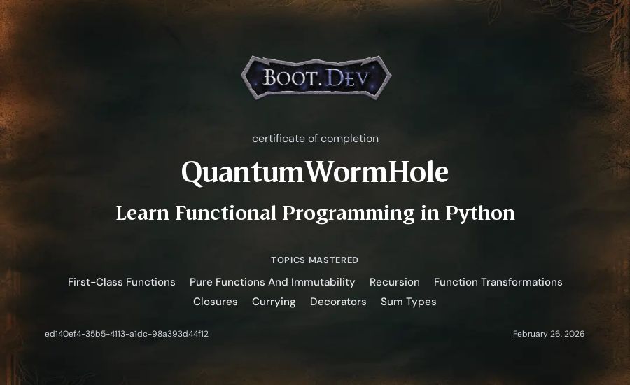 QuantumWormHole's Boot.dev Learn Functional Programming in Python certificate