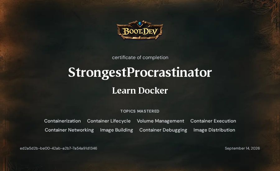 StrongestProcrastinator's Boot.dev Learn Docker certificate