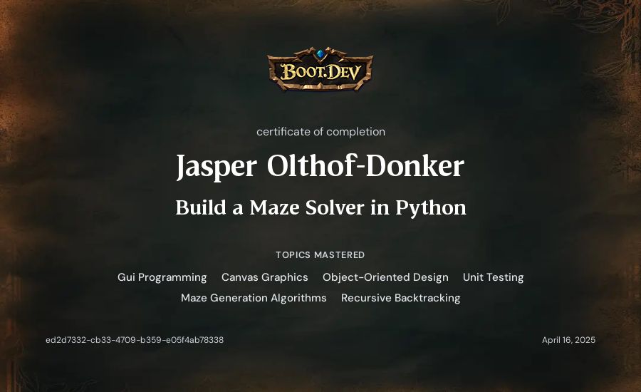 Jasper Olthof-Donker's Boot.dev Build a Maze Solver in Python certificate