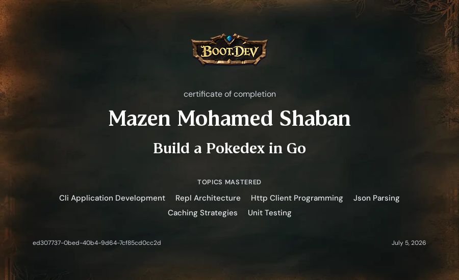 Mazen Mohamed Shaban's Boot.dev Build a Pokedex in Go certificate