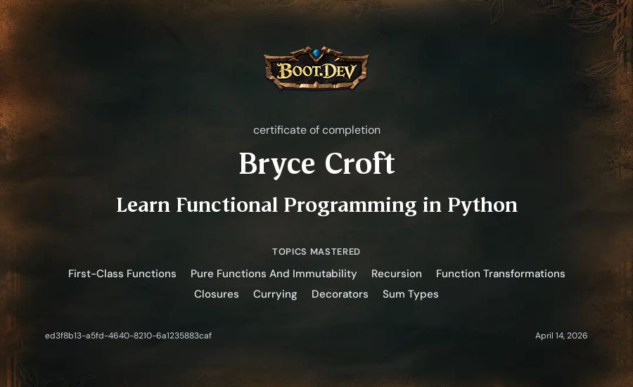 Bryce Croft's Boot.dev Learn Functional Programming in Python certificate