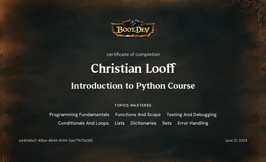 Christian Looff's Boot.dev Introduction to Python Course certificate