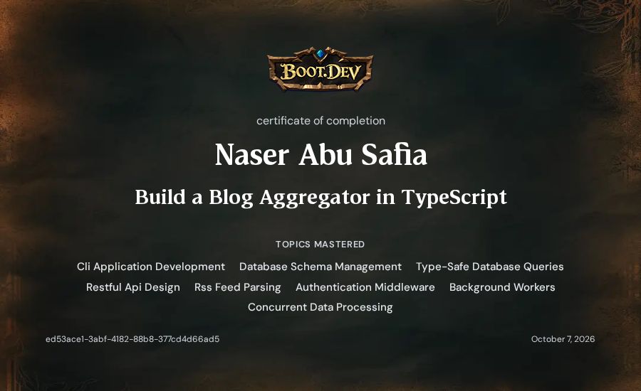 Naser Abu Safia's Boot.dev Build a Blog Aggregator in TypeScript certificate
